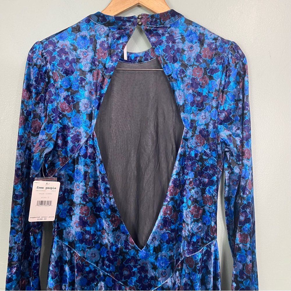 Free People Heartland Velvet Maxi Dress Blue Floral Open Back‎ Long Sleeve Large - Picture 8 of 8
